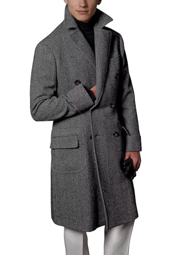 Mens Trench Coat Herringbone Tweed Pea Coat Double Breasted Peak Collar Casual Fall Winter Classic Long Overcoat