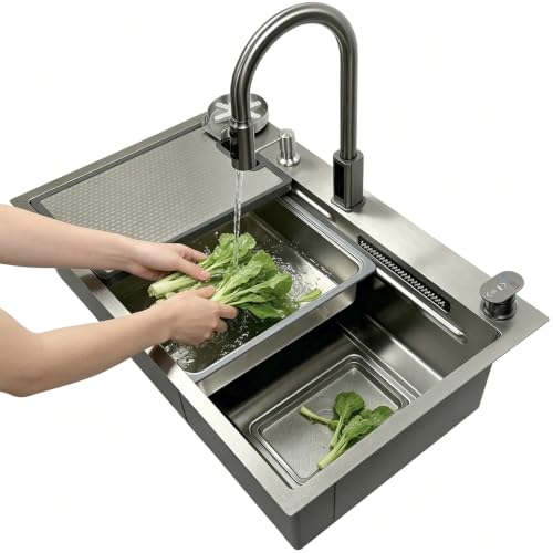 90 x 50 cm cascada fregadero de cocina con indicador de temperatura, grifo de acero inoxidable 304 cepillado, multifuncional para estación de trabajo con botón giratorio, dispensador de jabón