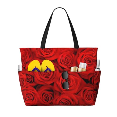 Grand sac de plage roses rouges et sac à bandoulière fourre-tout pour femme