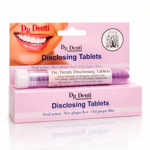 Dr Denti Disclosing Tablets for Plaque Detection Dual Color Indicators Red Blue Diagnostic Oral Hygiene Aid for Home and Educational Use Pack of 28