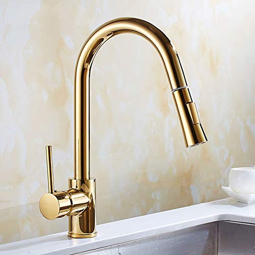 Grifo de cocina extraíble para eliminar salpicaduras con caño doble modo y acabado oro elegante 2