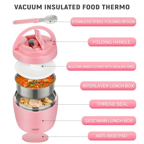 Image of Itslife 32oz Insulated Soup Thermo, Vacuum Stainless Steel Food Jar for Hot & Cold Food, Leakproof Wide Mouth Lunch Container with Spoon (Light Pink)