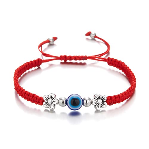 Handmade String Evil Eye Bracelet for Women Men Girls Lucky Braided Black Red String Bracelet Friendship Wish Gift Jewelry(Flower,red)