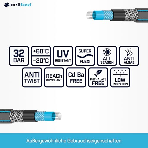 CELLFAST Gartenschlauch 6 Lagiger Wasserschlauch Doppelgeflecht Kreuz Trikotgewebe Bewässerungsschlauch UV Beständig Anti Algen Flexibler Schlauch 32 Bar 1 Zoll 25 Meter Hobby
