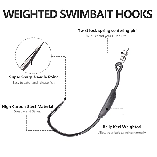Bombrooster Weighted Hooks With Twist Lock,Soft Plastic Swimbaits Offset Weedless Fish Hook 3/0 4/0 5/0 Pack Of 10,Drop Shot Fishing Swimbait Hook For Bass #TOP3