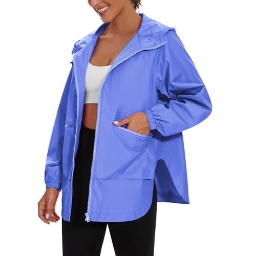 PESION Womens Waterproof Raincoat Lightweight Rain Jacket Trench Coat Hooded Windbreaker With Pockets for Outdoor Light Blue 3X-Large
