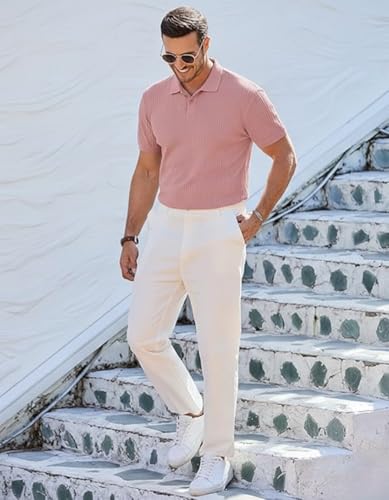Image of Zilcon Mens Casual Polo Shirt Summer Short Sleeve Vacation Button Beach Knit Stretchy Golf Tshirts