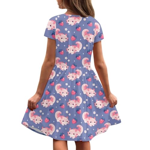 Image of Girls Dress with Pockets Basic Short Sleeve High Waist Swing Skater Dress School Party Dress for Kids