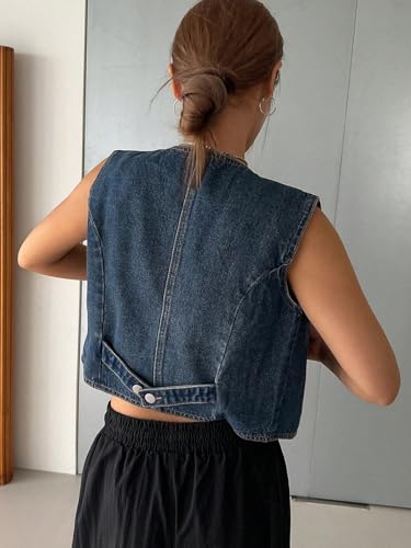 OYOANGLE Women's Denim Vest Button Down Sleeveless V Neck Jean Waistcoat Jackets2