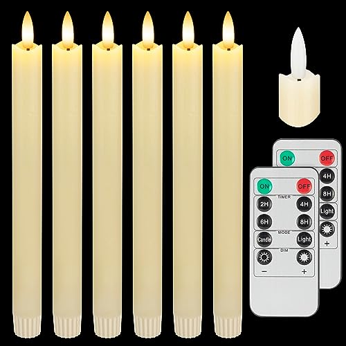 Image of Real Wax Flameless Taper Candles with Remote Timer,Battery Operated LED Candles Set with 3D Flickering Flame,9.6 inch Ivory Realistic Dripless Candlesticks for Wedding Home Decor,6 Pack