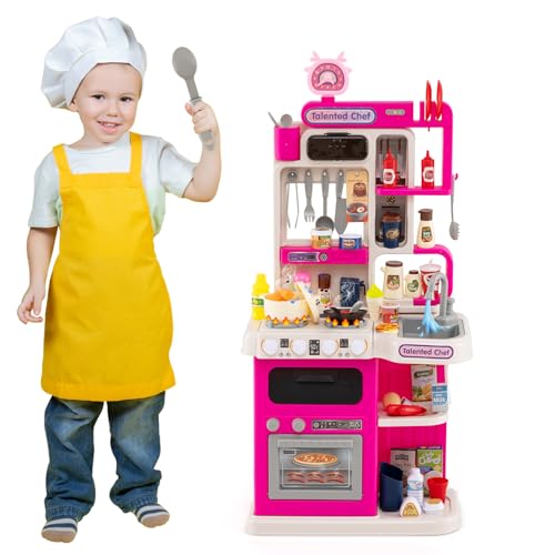 COSTWAY Cuisine Enfant avec Sons & Lumières & 54 PCS Accessoires, Jeu de Cuisine Enfant avec Effet de Vapeur & Évier et Robinet avec Circulation d'eau, Jeu d'Imitation...