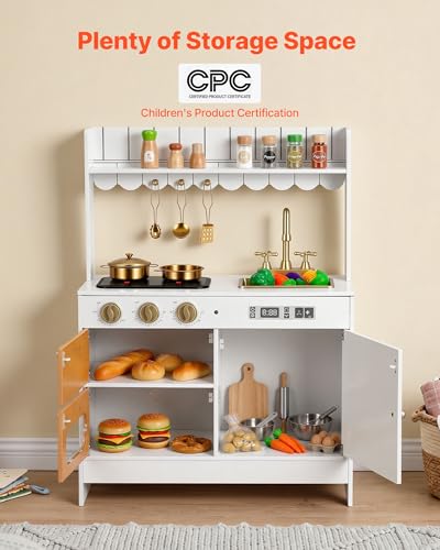 Image of VEVOR Play Kitchen for Kids, Wooden Kids Kitchen Playset with Real Lights & Sounds, Food & Cookware Accessories, Pretend Play Toy Set, Sink, Oven, Stove, Cabinet, for Toddlers, Girls & Boys Ages 3-8