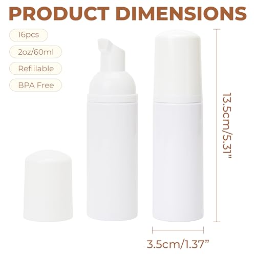 2oz Travel Foam Pump Bottle, 16 Pcs (60ml) – Mini Refillable Empty Foamer Dispenser for Lash Shampoo, Soap, Mousse, Cleanser – Leak-Proof, BPA-Free, Portable for Home, Gym & Cosmetics2