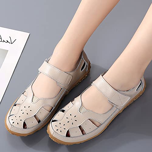 Women's Summer Casual Closed Toe Leather Sandals,Comfortable Soft Sole Ankle Strap Mary Jane Orthopedic Beach Shoes 6