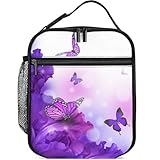 Knobcar Purple Flowers Butterfly Lunch Bag Kids Insulated Lunch Box for Girls Boys Women Men Reusable Insulated Lunch Box with Side Pocket Cooler Tote Bag Lunchbox for School Work Picnic Hiking