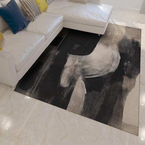 Tapis impression coup de pinceau noir et blanc expressionnisme abstrait