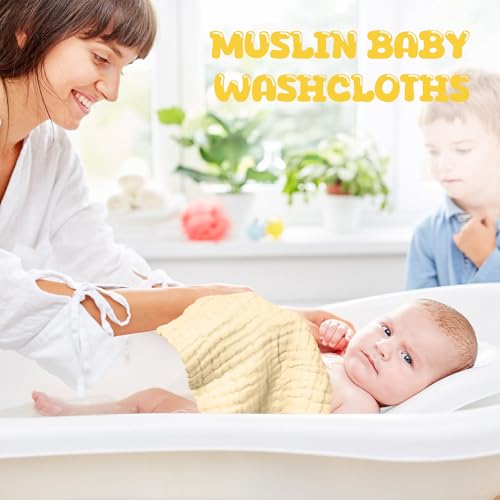 Image of Breling 20 Pcs Baby Muslin Washcloth 12 x 12 Inch 100% Cotton Soft and Absorbent Muslin Washcloth Burp Cloth Wipe Newborn Face Towel for Baby Boy Girl Sensitive Skin(White, Light Yellow, Yellow)