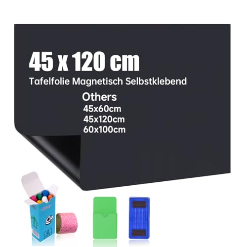 Tafelfolie Magnetisch Selbstklebend 45x120cm Kreidetafel Magnetisch Magnettafel Selbstklebend DIY Inklusive staubfreier Kreide und Schwamm Wandfolie für glatten Oberflächen in Schule Büro Haus
