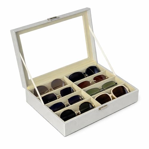 UnionPlus Estojo organizador de óculos de sol com 8 compartimentos, colecionador de óculos de sol, estojo de armazenamento de vários óculos de sol, branco croco