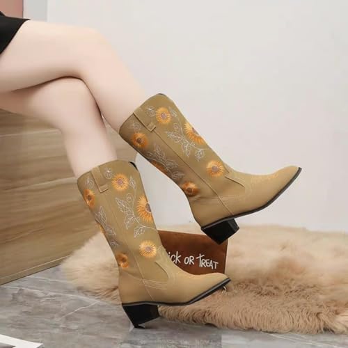 Womens Sunflower Embroidered Low Chunky Heel Mid Calf Boots Fashion Square Toe Pull On Cowboy Cowgirl Boots Winter Walking Western Boots4