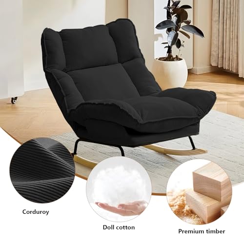 Image of Rocking Chair with Adjustable High Backrest, Extra-Wide Upholstered Glider Rocker, Comfy Corduroy Accent Chair for Living Room Bedroom