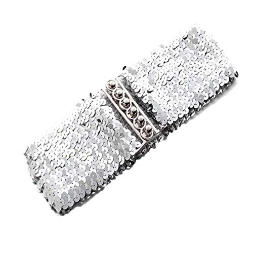 Andongnywell Womens Wide Sequin Belt Glitter Elastic Cinch Belt Sequins Metal Interlocking Buckles Waist Belt Waistband