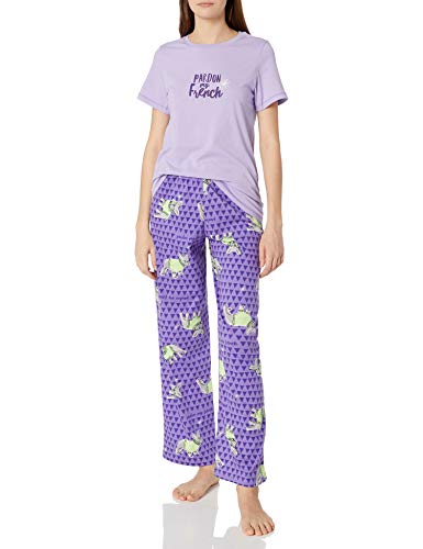 HUE Women's Printed Knit Tee and Pant 3 Piece Pajama Set, Lavendar-Pardon My French, Small