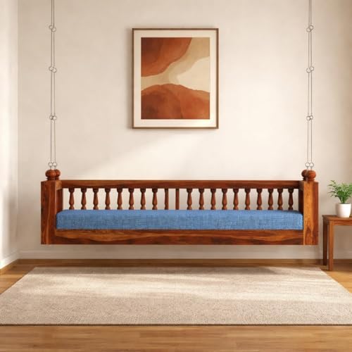 Image of Wooden Swing for Balcony | Sheesham Wood House Swings for Living Room | Patio Jhula for Home Indoor, Garden Outdoor & Balcony | Natural Finish