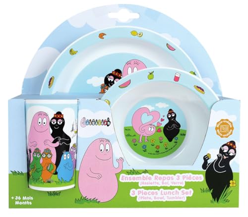 FUN HOUSE Barbapapa Geschirrset für Kinder | 1 Glas, 1 Teller + 1 Schüssel | wiederverwendbar & mikrowellengeeignet | offizielles Lizenzprodukt | lebendige Farben | französische Marke | Geschenkidee