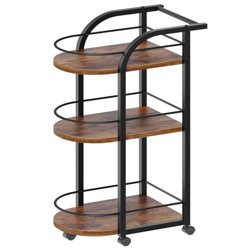 YATINEY 3-Tier Bar Cart, Home Bar Serving Cart with Fence and Wheels, for Dining Room, Living Room, Garden, Party, Rustic Brown and Black BC06BR