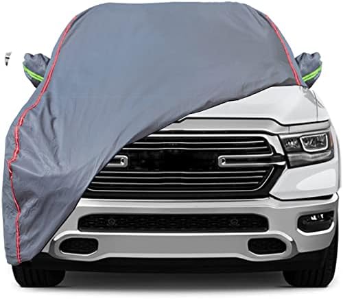 AUQDD 6-Layers PEVA New Material Truck Full Padded Car Cover Waterproof All Weather Weatherproof UV Sun Protection Snow Dust Storm Resistant Outdoor Exterior Custom Form-Fit Straps 227"-246" Grey