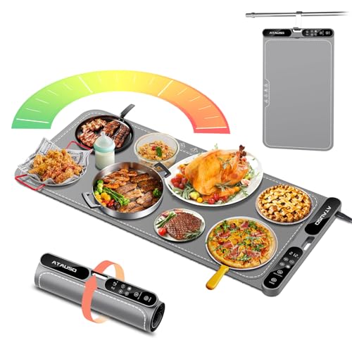 Warming Mat for Food Extra Large, Electric Warming Tray, 15"x31.5" Silicone Heating Mat with 7 Level Adjustable Temp and 8 Hours Timer, Food Warmer for Parties Buffet Home Travel, Dark Gray