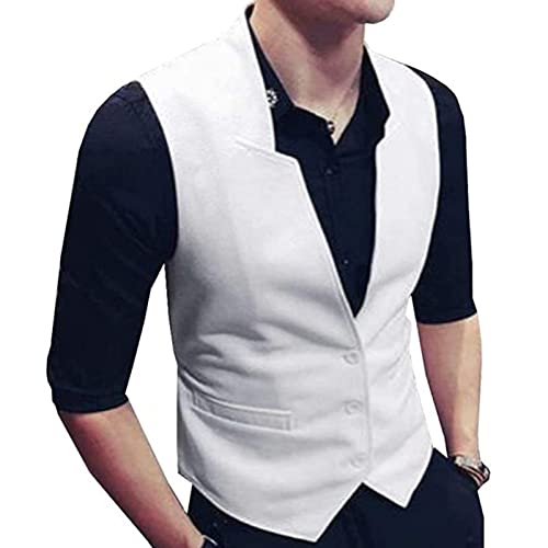 Men's White Black Champagne V Neck Suit Vest Groomsmen Casual Formal Waistcoat Tank for Graduate Party Prom (Color : White, Size : Large)