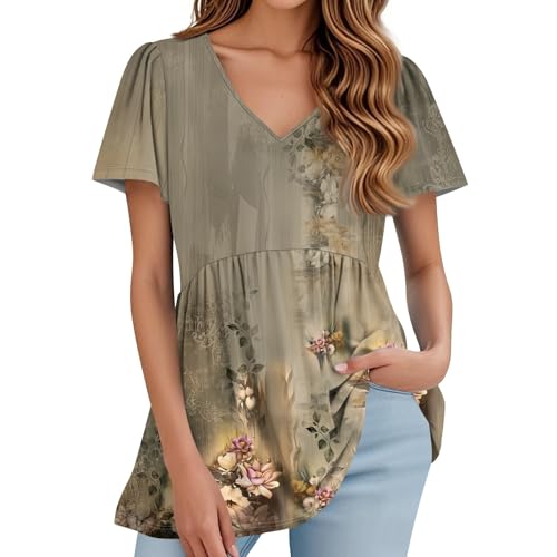 FQZWONG Plus Size Tops for Women, Blusas Casuales De Mujer Bonitas 2025 Summer Short Sleeve Shirts Trendy V Neck Tshirts Loose Casual Ladies Floral Print Blouses Basic Graphic Tees (Gray,3XL) - Thumbnail 2