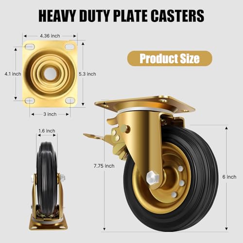 Image of WBD WEIBIDA 6 in Heavy Duty Outdoor Casters Set of 4, 2600 Lbs Industrial Rubber Wheels for Cart Furniture and Workbench, Castors Dual Locking Replacement (4 Brakes, Free Spanner)