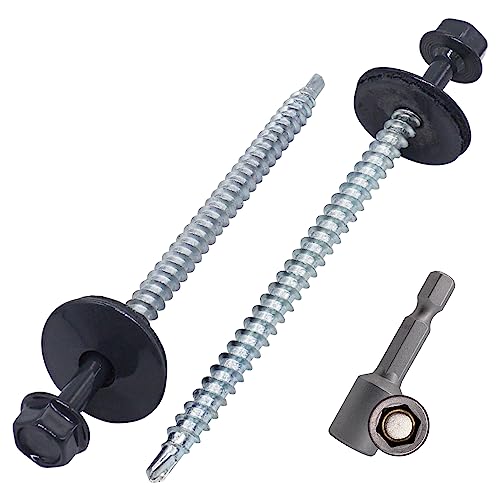 SKIR'CO (100 pcs) Painted Roofing Screws 4.8 x 80 mm, Hex Head, Self-Drilling Screws With EPDM Washers (Anthracite Grey, RAL 7016)