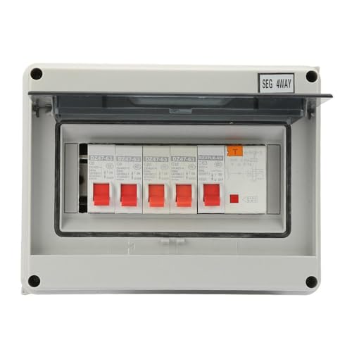 Circuit Breaker Box Set, 4 Way Garage Caravan Consumer Unit: 1 Residual Current Device 4 Miniature Circuit Breaker (63A 30mA RCD 4MCB 2*6A+20A+32A), Waterproof Distribution Box for Garage and Caravan