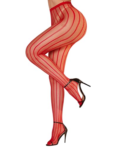 RSLOVE Bas Autofixant Femme Sexy - Collant Résille Rayures Verticales Taille Unique Rouge