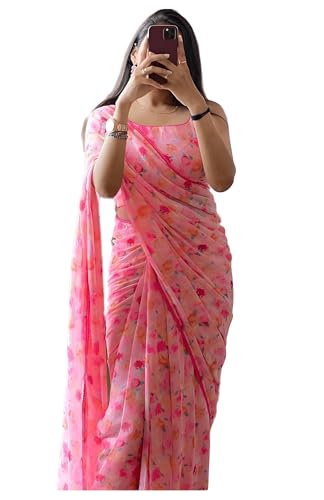 Image of StyleScope Women's Georgette Printed Lace Bordered Ready To Wear One Minute Saree With Print Unstitched Blouse Piece (RTW Mix Free Size)