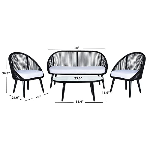 Image of DEVOKO Outdoor 4 Seater Patio Rope Garden Sectional Conversation Set with Cushioned Chair and Glass Top Table for Backyard, Pool, Terrace, Deck (Black & White)