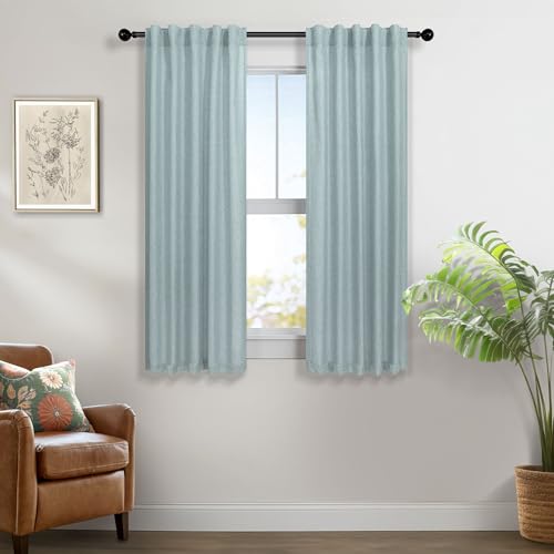 Seafoam Curtains 38 Inch Width for Kitchen 2 Panel Back Tab Rod Pocket Semi Sheer Linen Short Cafe Tier Blue Green Curtains for Bathroom Small Windows Basement Laundry Coastal Beach Wide 38x45 Length