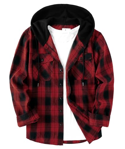 ZITY Men's Flannel Hoodie Shirts Casual Button Down Plaid Shirt Jackets for Men Long Sleeve Stylish Hooded with Pocket Red Black Large