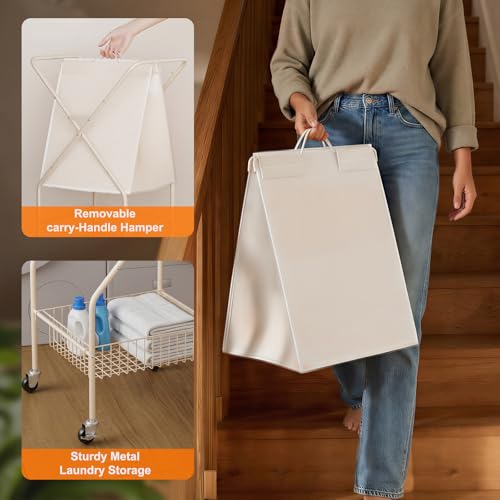 Image of Laundry Basket with Wheels:88L Rolling Laundry Cart Foldable Metal Frame Dirty Clothes Laundry Hamper 36 inchH 4 Caster 2 Brake Waterproof Removable Liner Carry Handle for Dorm Laundry Room,Cream