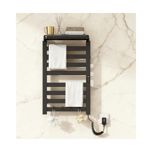 WRJAHCG Toallero Electrico Baño con Termostato, Radiador Toallero Eléctrico, Calentador Toallas Pared con Estante Plegable,Temporizador,Pantalla LED,Temperatura Ajustables,Negro
