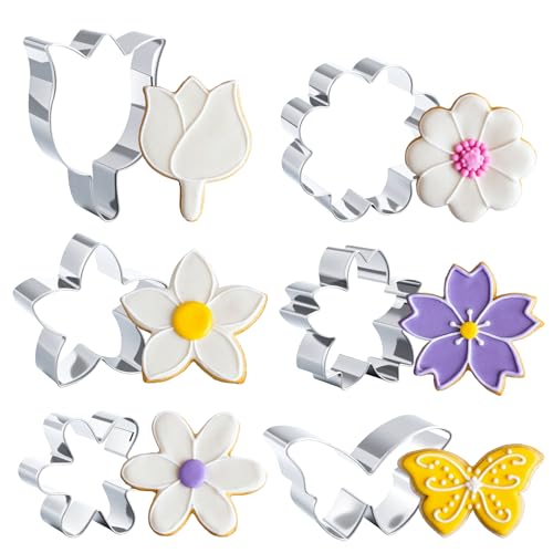 Wanmu Flower Cookie Cutter Set 6Pcs Summer Flowers Cookie Cutters-Daisy, Tulip, Butterfly Biscuit Fondant Molds Stainless Steel Cookie-Cutters for Christmas DIY Baking Tool Party Favors