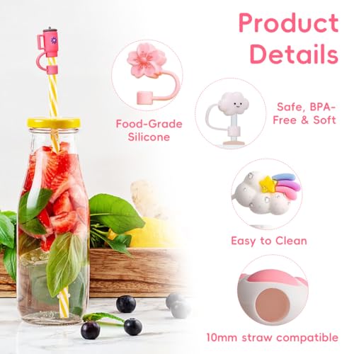Image of HASTHIP 8PCS Silicone Straw Cover Caps for Stanley Cup, Cartoon Straw Toppers for 10mm Straws, Dust-Proof Reusable Covers for 30oz 40oz Tumbler, Food-Grade BPA-Free Stanley Cup Accessories