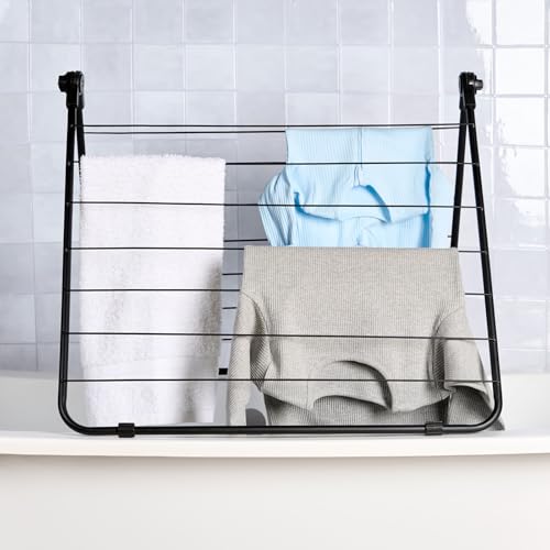 OHS Clothes Airer Over Bath, Adjustable Rotation Clothes Drying Rack with 14 Bars Lightweight Foldable Metal Laundry Drying Rack for Indoor Use - Black