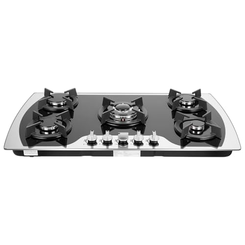 Tagtuell Cocina de gas de 5 fuegos, placa de gas de vidrio templado negro con soportes de hierro fundido, placa de gas empotrada/independiente, protección automática del termopar
