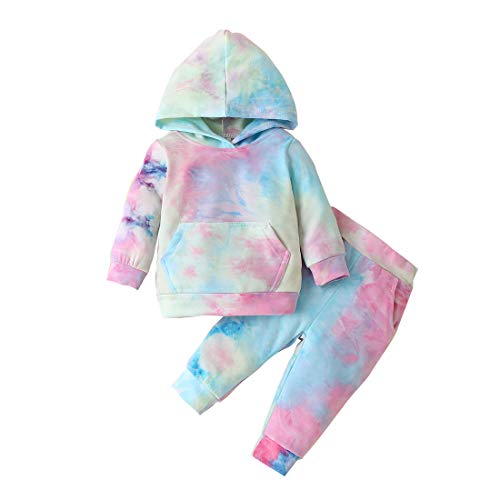 Toddler Baby Girl Clothes Tie Dye Long Sleeve Sweatshirt Hoodie Tops Pants 2PCS Outfit Fall Winter Clothing Set (Blue&Yellow&Pink, 12-18 Months)