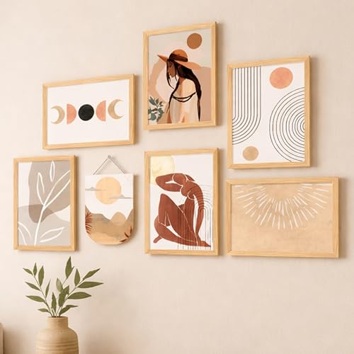 Image of PAINTINGMANTRA Boho Abstract Framed Wall Art Set of 7 (1 MDF wall Hanging), Modern Neutral Aesthetic Prints with Minimal Line Art, Framed Painting Wall Decor for Living Room, Bedroom, Home, 9x13 Inch